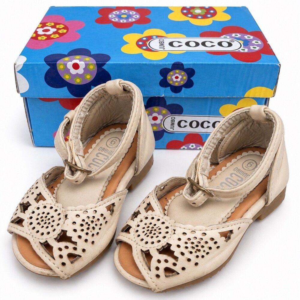 Jumbo Coco Toddler Girls Size 6 Tan Peep Toe Floral Cutout Sandals w Box